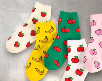 Colorful Fruit Pattern Socks | Cute Strawberry, Banana, Cherry, Apple, Peach Design | Fun Ankle Socks for Women & Teens