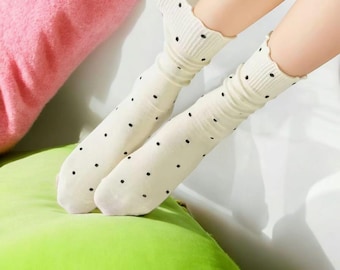Five Pairs of Cute Polka Dot Socks - Soft Cotton Crew Socks with Ruffled Trim for Women  Teens