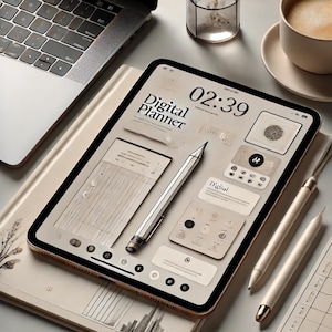 May include: A digital planner app on a tablet with a stylus pen. The app has a calendar, notes, and other features. The time is 02:39.