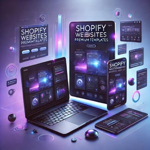 Peut inclure: Un ordinateur portable avec un clavier noir et un écran lumineux affichant un modèle de conception de site Web. L'écran affiche "Shopify Websites Premium Templates". L'ordinateur portable est entouré de diverses formes et icônes bleues et violettes brillantes.