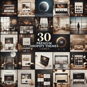 May include: A collage of 30 premium Shopify themes displayed on various devices and backgrounds. The themes feature a variety of styles and designs, including minimalist, modern, and luxurious. The text "30 Premium Shopify Themes" is prominently displayed in the center of the image.