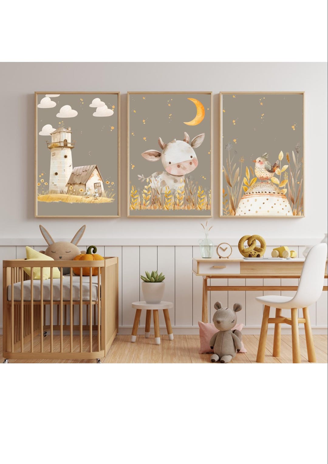 Neutral Farm Nursery Wall Art Set of 3 – Cow, Lighthouse & Bird Prints ...