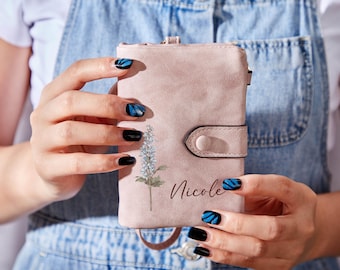 Personalized Leather Birth Flower Wallet,Custom Women&#39;s Wallet,Birthday Flower Clutch,Zipper Wallet,Leather Coin Purse,Gift For Mom