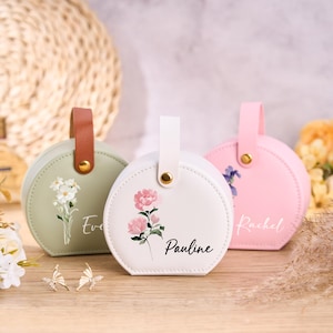 Personalized Travel Jewelry Box,Leather ring storage box,Birth Flower Jewelry Box,Name Jewelry Box,Bridesmaid Gifts,Birthday Gift for Her