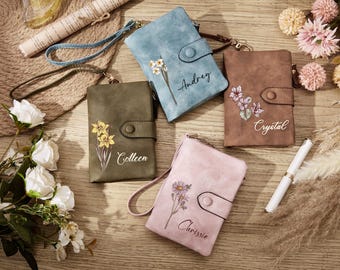 Portefeuille personnalisé avec fleurs, nom et mois de naissance, porte-cartes personnalisé, portefeuille en cuir pour fille, porte-monnaie personnalisé, cadeau de demoiselle d'honneur, cadeau pour mère