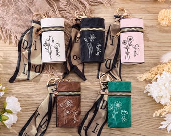 Personalized Lipstick Bag Keychain,Birthday Flower Lipstick Box with Scarf,Lip Blam Mini Bags,Leather Lipstick Bag,Bridesmaid Gift Proposal