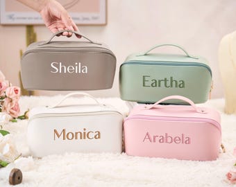 Leather Embroidered Makeup Bag,Makeup Organizer,PU Leather Makeup Bag with Name,Custom Cosmetic Bag,Toiletry Bag,Maid of Honor Gift
