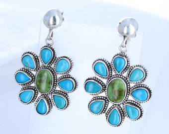 Pendientes Bella Durmiente y Oro Sonorense Flor Turquesa Suroeste 9 Piedras