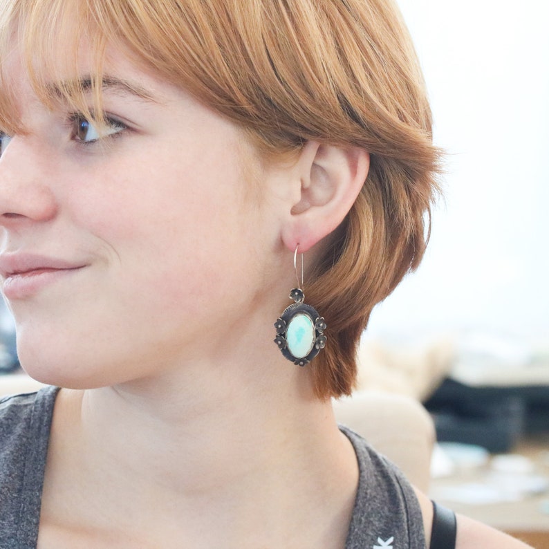 Exquisite CARICO LAKE TURQUOISE Earrings Floral Oxidized Design Handmade
