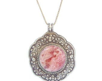 Tibetan Floral Rhodochroste Pendant Sterling