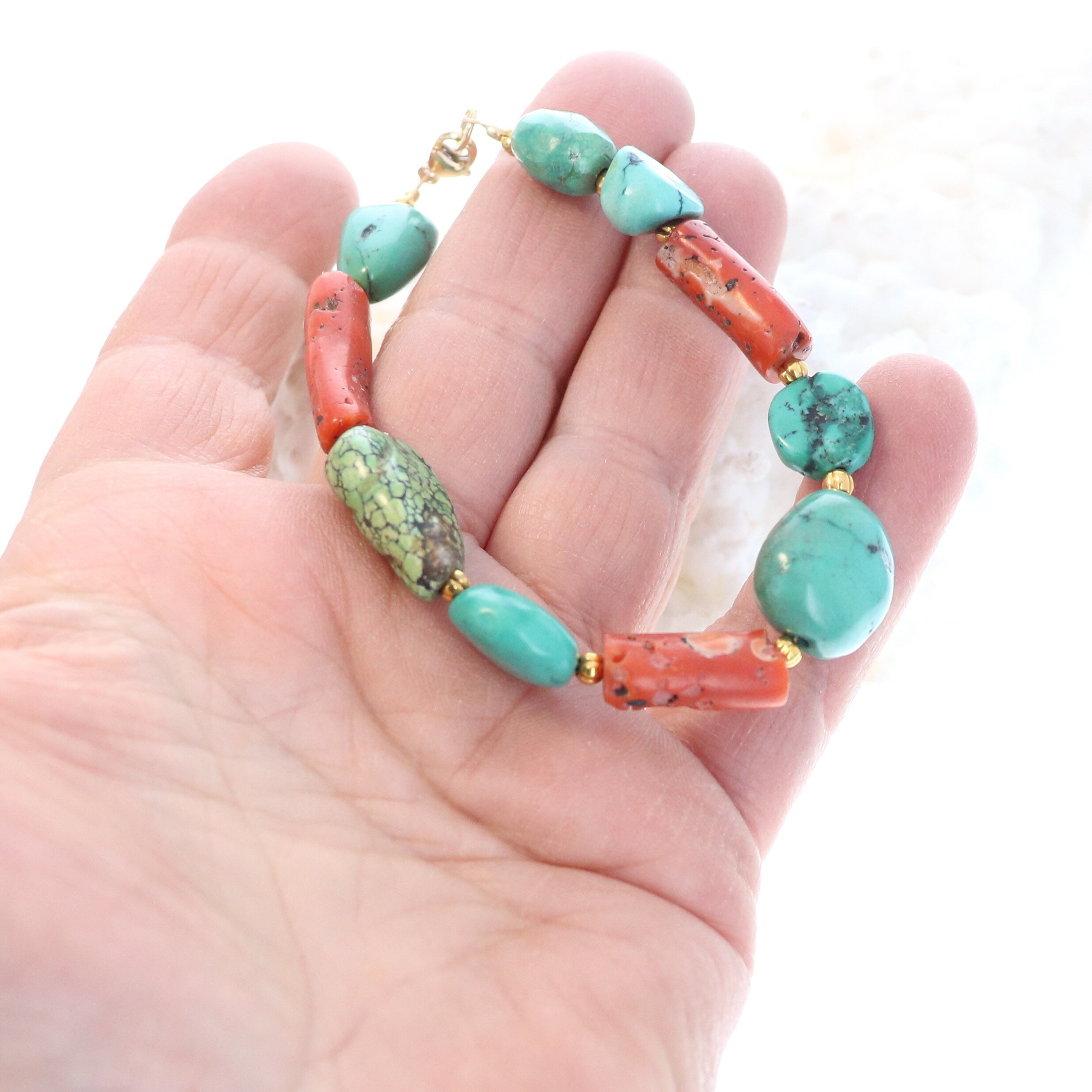 Antique Tibetan Turquoise With Coral Aand 18K Gold Bracelet 2 Etsy