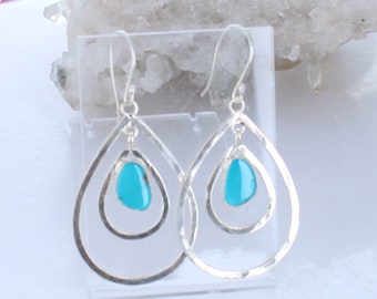 Bright Blue Sonoran Turquoise Earrings Double Hoops Sterling Silver