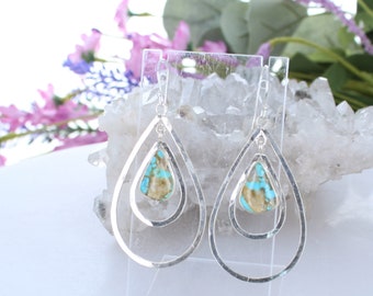 Royston Teardrop Turquoise Earrings Double Hoops Sterling Silver