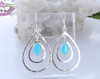 Bright Blue Sonoran Oval Turquoise Earrings Double Hoops Sterling