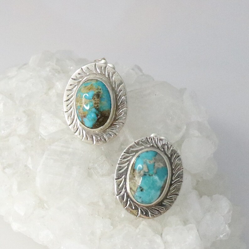 Armenian Turquoise Earrings Posts Aqua Golden Ovals