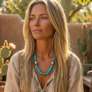May include: A turquoise beaded necklace featuring small, cylindrical turquoise beads interspersed with round, engraved silver-toned metal beads and a central silver-toned metal accent piece, worn with a beige linen-blend top with embroidery.