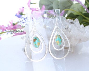 Royston Oval Turquoise Earrings Double Hoops Sterling Silver