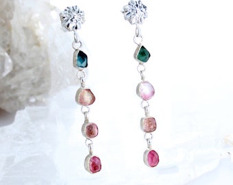 Blue and Pink Tourmaline Sterling Earrings 4 Stone Beauties #2