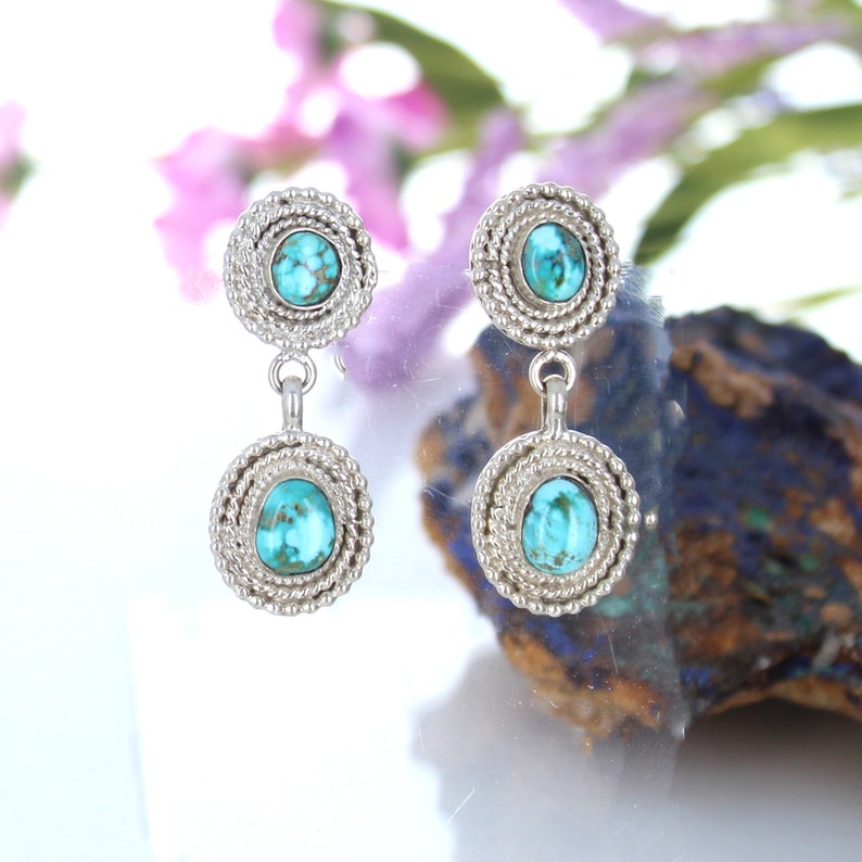 Sierra Nevada Turquoise Earrings Sterling Southwest Design 2 Stone image 1