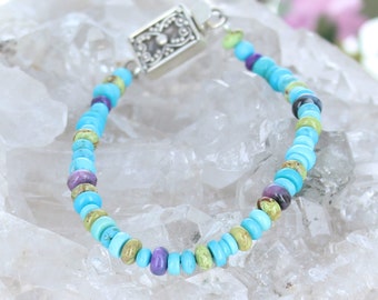 Sleeping Beauty Turquoise Gaspeite Sugilite Beads Bracelet Sterling Silver