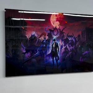 Puede incluir: Una ilustración digital de una escena de fantasía oscura con una figura solitaria con un abrigo negro de pie frente a un grupo de figuras sombrías. El fondo presenta una gran luna roja y una ciudad.