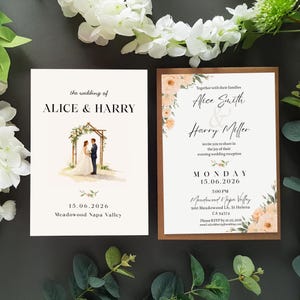 May include: Two wedding invitations. The left invitation reads "the wedding of ALICE & HARRY" above a watercolor illustration of a couple under an arch. The right invitation has floral accents and details including the names Alice Smith and Harry Miller.