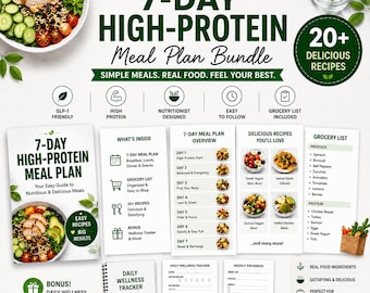 GLP-1 Friendly Diet Bundle | High Protein Meal Plan + Grocery List + Wellness Tracker hi