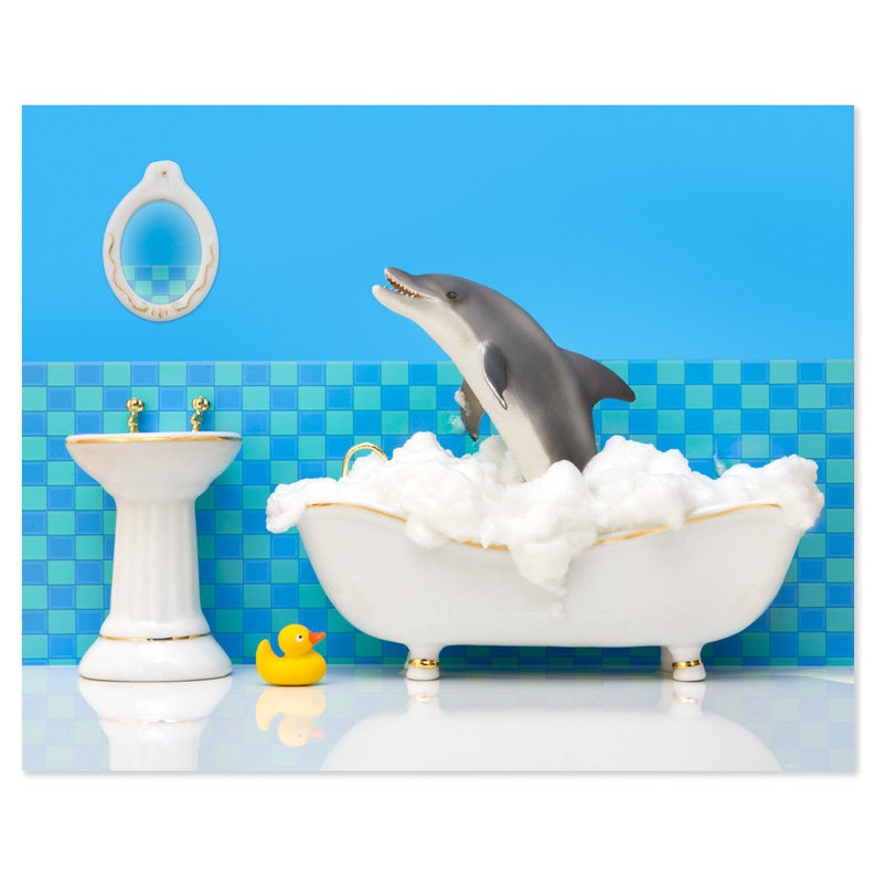2 for 1 sale - bathroom decor animal art print with dolphin: splashdown