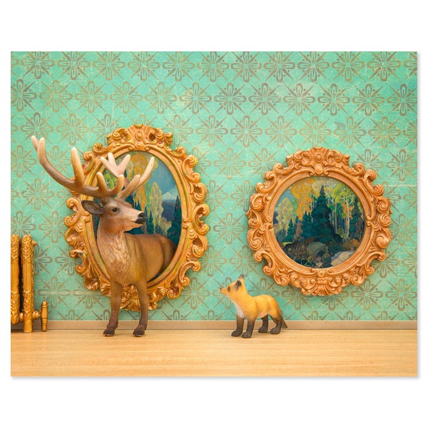 2 FOR 1 SALE - Deer and fox art surreal woodland animal art: Pop Art