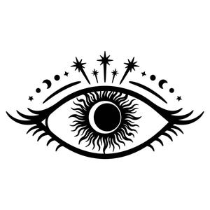 May include: Black and white illustration of an eye with a sun in the center. Above the eye are stars and crescent moons. The eye has long eyelashes and a detailed design.