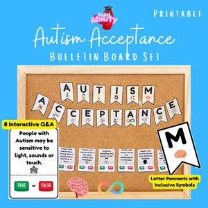 May include: A cork bulletin board with the words "Autism Acceptance" and "Bulletin Board Set" in a playful font. Includes letter pennants, interactive Q&A cards, and inclusive symbols. The set is designed to educate and promote understanding.