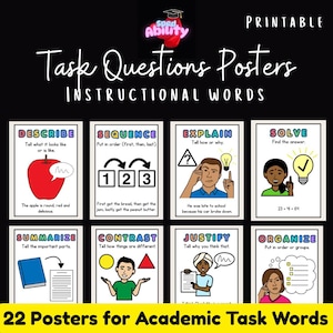 May include: Printable educational posters featuring instructional words such as "Describe", "Sequence", and "Explain". Each poster has a colourful illustration and a short definition. The set includes 22 posters for academic task words.