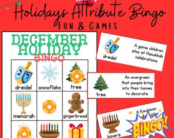December Holidays Attribute Bingo | Printable Educational Game Symbolated Boards | Kindergarten | Christmas Hanukkah Kwanzaa