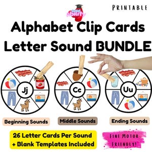 May include: A printable educational resource featuring alphabet clip cards. The cards are designed to teach letter sounds, with examples for beginning, middle, and ending sounds. Each card has a circular design with illustrations and the letters J, C, and U. The text includes "26 Letter Cards Per Sound + Blank Templates Included."