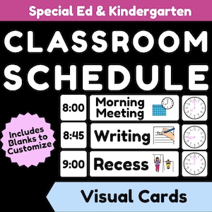 Puede incluir: Un conjunto de tarjetas visuales de horario escolar para educación especial y preescolar. El fondo negro muestra el texto blanco Special Ed & Kindergarten CLASSROOM SCHEDULE, incluyendo horarios, etiquetas de actividades, iconos y relojes.