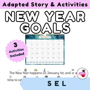 May include: An educational resource titled Adapted Story & Activities New Year Goals featuring a January 2026 calendar with a blue marble background, a pink starburst icon stating 3 Activities Included, and text about the New Year.
