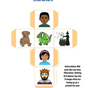K&ouml;nnte beinhalten: Ein farbenfrohes Spiel mit sechs W&uuml;rfeln, die verschiedene Charaktere zeigen: einen jungen Mann, einen Hund, einen Drachen, eine Hexe, ein M&auml;dchen und einen K&ouml;nig. Das Spiel hei&szlig;t "Roll A Story" und die Anweisungen sind, jeden W&uuml;rfel einmal zu w&uuml;rfeln, um eine Story-Aufforderung zu erstellen.