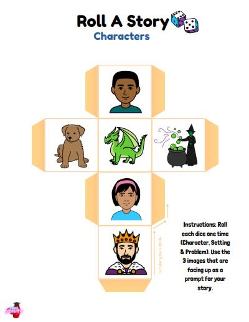 K&ouml;nnte beinhalten: Ein farbenfrohes Spiel mit sechs W&uuml;rfeln, die verschiedene Charaktere zeigen: einen jungen Mann, einen Hund, einen Drachen, eine Hexe, ein M&auml;dchen und einen K&ouml;nig. Das Spiel hei&szlig;t "Roll A Story" und die Anweisungen sind, jeden W&uuml;rfel einmal zu w&uuml;rfeln, um eine Story-Aufforderung zu erstellen.