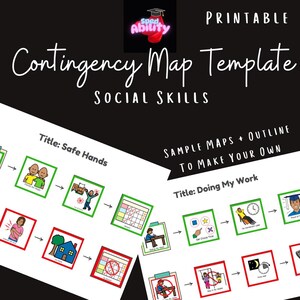 Può includere: Modello di mappa di contingenza stampabile per le abilità sociali. Il modello include due mappe di esempio: "Mani sicure" e "Fare il mio lavoro". Ogni mappa presenta una serie di immagini colorate e frecce per illustrare una sequenza di eventi.