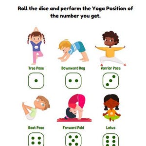 K&ouml;nnte beinhalten: Eine bunte Karte mit Illustrationen verschiedener Yoga-Posen f&uuml;r Kinder. Die Karte enth&auml;lt die Namen der einzelnen Posen, wie Baumhaltung, Herabschauender Hund, Kriegerhaltung, Bootshaltung, Vorw&auml;rtsbeuge und Lotus. Jede Pose wird durch einen gr&uuml;nen Kreis mit Punkten darin dargestellt, die die Anzahl der Punkte angeben, die der Pose entsprechen.