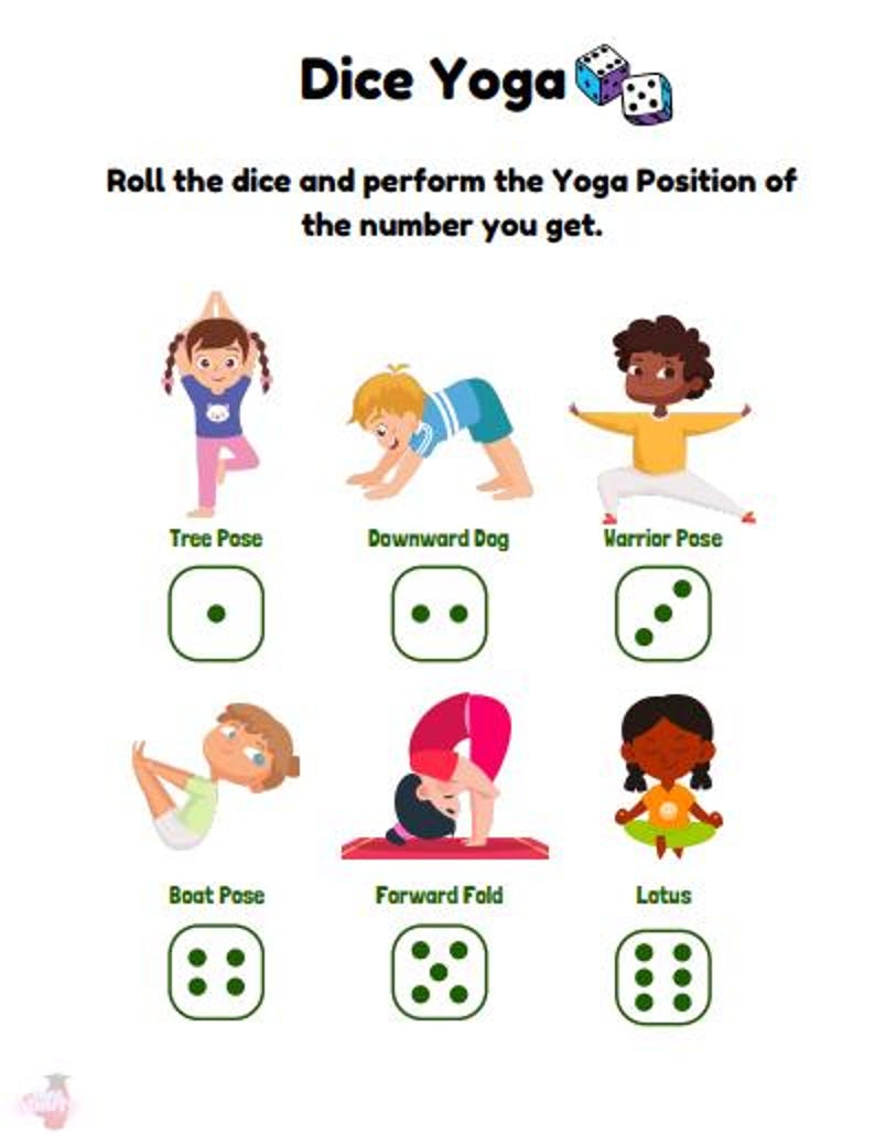 K&ouml;nnte beinhalten: Eine bunte Karte mit Illustrationen verschiedener Yoga-Posen f&uuml;r Kinder. Die Karte enth&auml;lt die Namen der einzelnen Posen, wie Baumhaltung, Herabschauender Hund, Kriegerhaltung, Bootshaltung, Vorw&auml;rtsbeuge und Lotus. Jede Pose wird durch einen gr&uuml;nen Kreis mit Punkten darin dargestellt, die die Anzahl der Punkte angeben, die der Pose entsprechen.