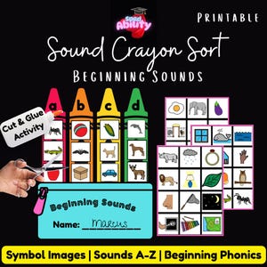 Może przedstawiać: Drukowana aktywność edukacyjna zatytułowana "Sound Crayon Sort" z tekstem "Beginning Sounds". Obraz zawiera kolorowe grafiki w kształcie kredek, obrazy symboli oraz aktywność polegającą na wycinaniu i wklejaniu. Imię "Marcus" jest napisane na arkuszu ćwiczeń.