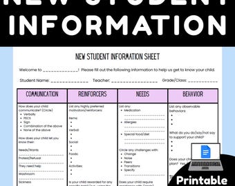New Student Information Sheet for Parents | Special Education | Printable PDF | Get to Know Your Student for Back to School