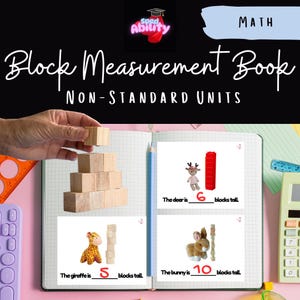 May include: A set of four printable cards for a math activity. Each card features a stuffed animal and a stack of wooden blocks. The cards ask the user to count the blocks and write the number to answer the question "How tall is the animal?" The cards include a deer, a giraffe, a bunny, and a stack of blocks.