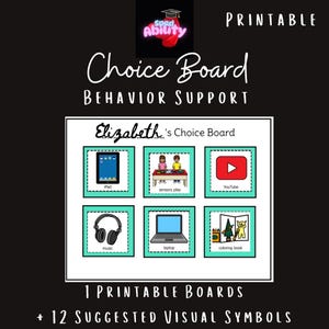May include: Printable choice board with visual symbols for behaviour support. The board has six squares with images of an iPad, sensory play, YouTube, music, laptop, and a colouring book. The text "Elizabeth's Choice Board" is at the top of the board.