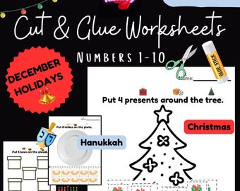 DECEMBER Holidays Numbers 1-10 | Cut & Glue Worksheets | Math | Fine Motor | Special Education | Printable PDF