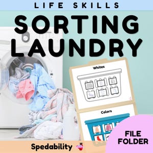 Könnte beinhalten: Eine Lernmappe zum Wäschesortieren mit einer weißen Waschmaschine voller bunter Kleidung, einer weißen Waschmittelflasche und einer visuellen Anleitung mit den Abschnitten Whites und Colors zum Sortieren von Wäschestücken.