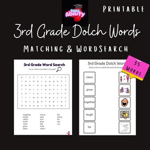 May include: A printable worksheet for 3rd grade students to practice Dolch sight words. The worksheet includes a word search puzzle and a matching activity. The matching activity has pictures of people and actions, and students must draw a line to connect the picture to the correct word.