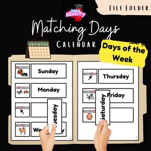 Puede incluir: Una carpeta de archivos con el texto "Matching Days Calendar" y "Days of the Week". La carpeta contiene tarjetas con los días de la semana e imágenes correspondientes. Un pequeño calendario está en la esquina superior izquierda.