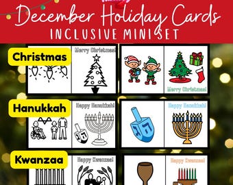 December Holiday Greeting Cards | Christmas Hanukkah Kwanzaa | BW + Color Options for Special Education and Kindergarten | Print and Go